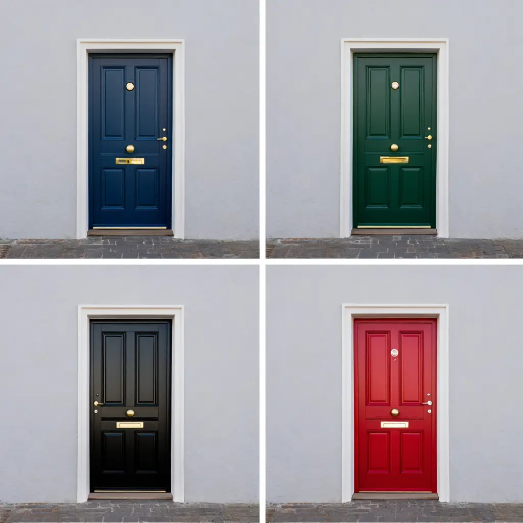 Four color options for a front door including navy blue, forest green, classic black, and bold red with brass hardware.