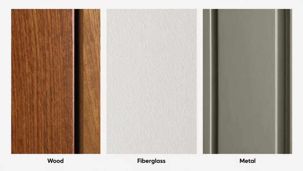 Side-by-side close-up textures of wood grain, textured white fiberglass, and smooth painted metal door surfaces.