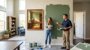A couple considers a sage green wall swatch to complement their classic paintings of interiors in a bright room.