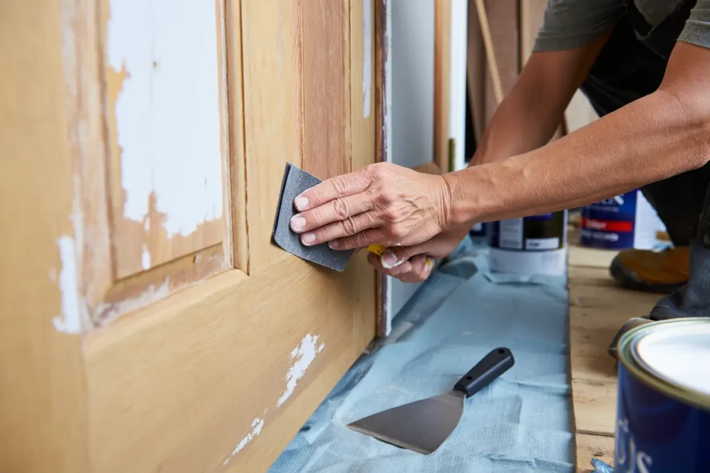 A painter sanding a wood front door with sandpaper next to a putty knife and a paint can on a drop cloth.