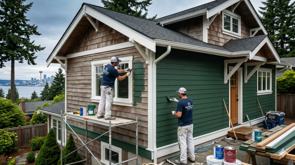Two painters applying green paint to a craftsman house, highlighting factors that influence house painting cost Seattle.