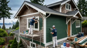 Two painters applying green paint to a craftsman house, highlighting factors that influence house painting cost Seattle.
