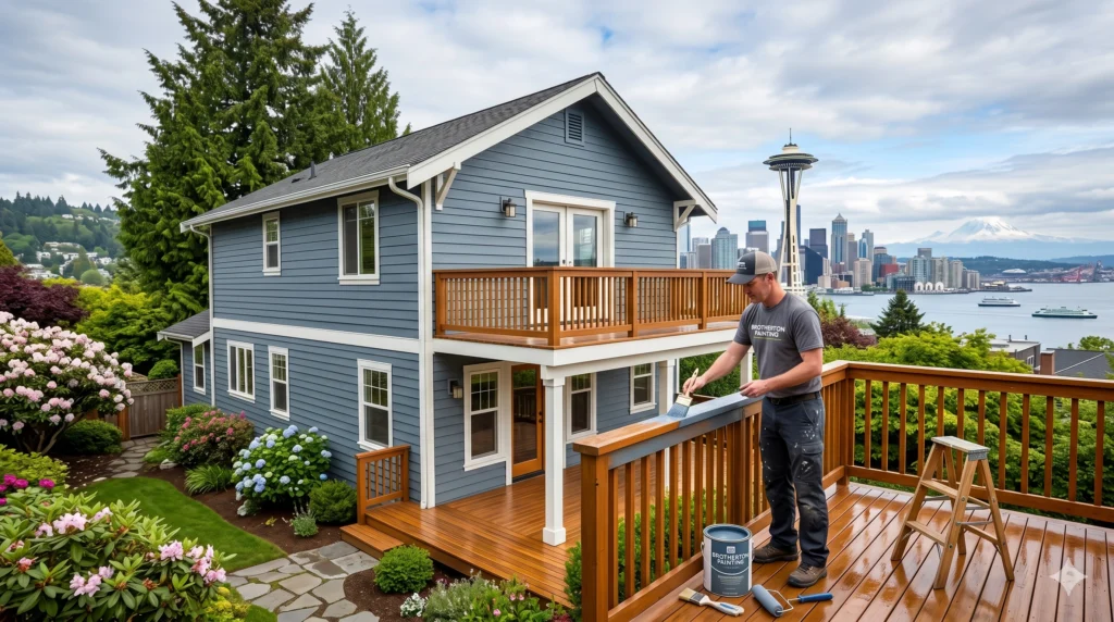 A contractor works on a deck to paint a house in Seattle against a beautiful city skyline backdrop.