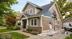 Painters showcasing residential vs commercial painting techniques on a two-story beige house exterior.