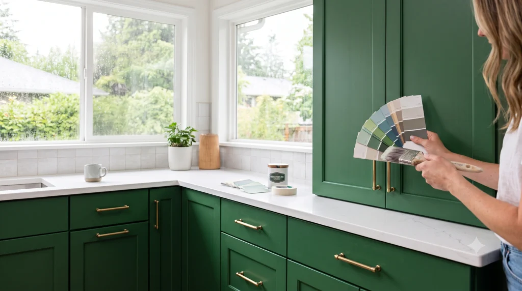 Woman holding a paint color deck near vibrant green kitchen cabinets during a cabinet painting project.
