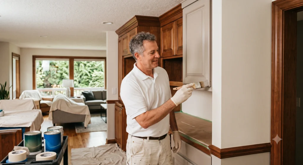 Experienced house painter Mercer Island applying grey paint to wooden cabinets.