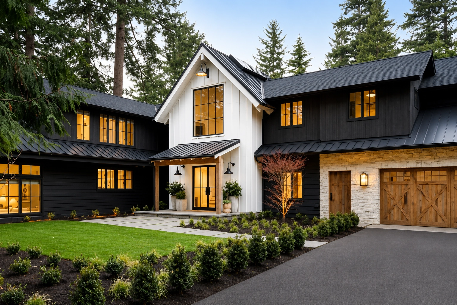 Modern farmhouse with white and charcoal exterior paint, black trim, warm wood garage doors, stone accents, and landscaped yard.