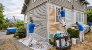 Experienced residential painters in Seattle scraping and caulking a grey house exterior.