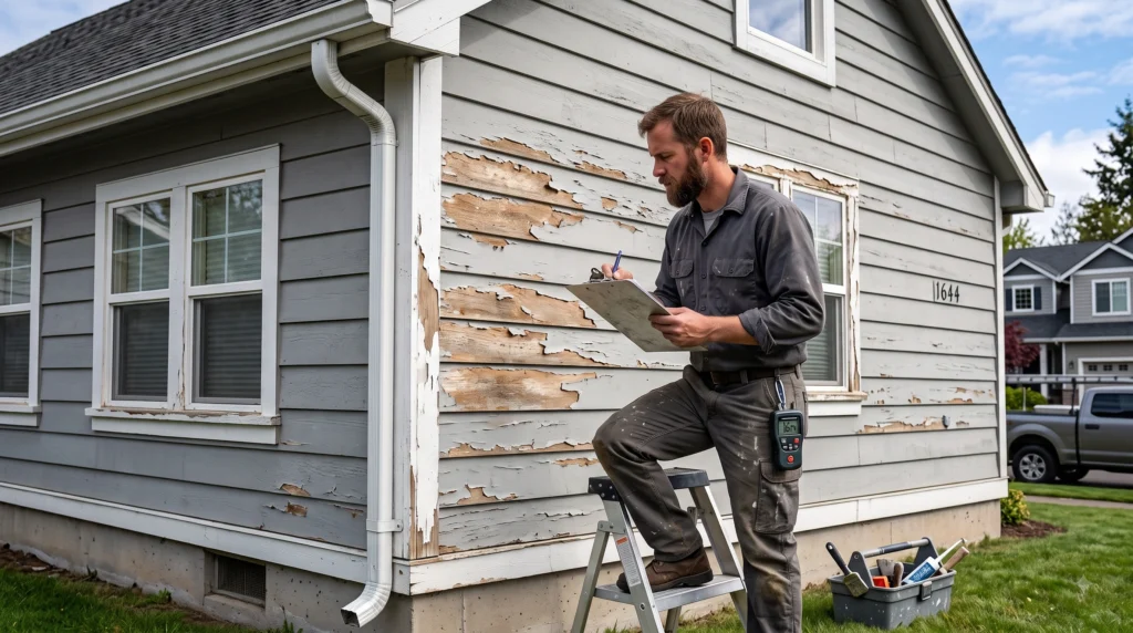 Professional exterior house painters evaluate peeling wooden siding on a home.