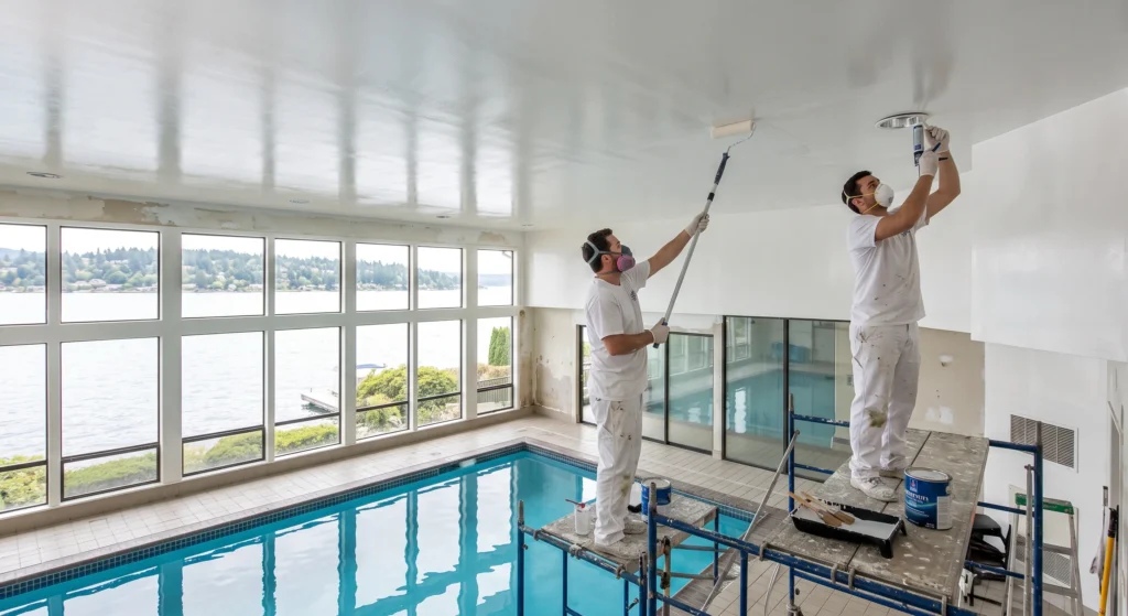 Commercial painters applying moisture-resistant finish for pool room painting in Mercer Island WA.