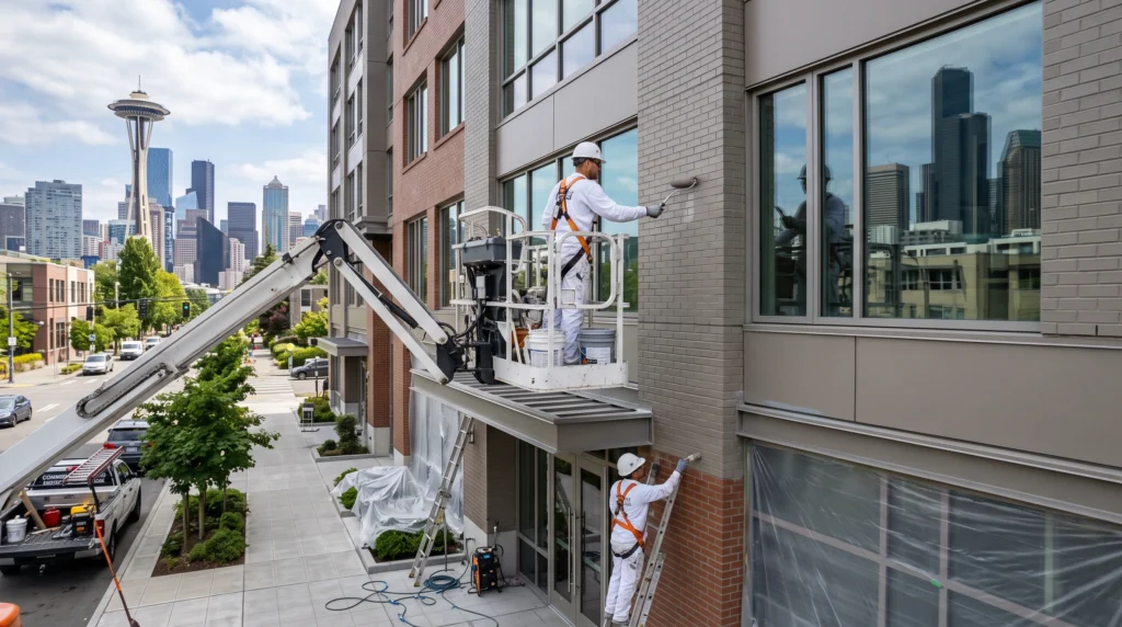 A professional painter in a lift on a commercial building façade, considering how factors like height influence commercial painting cost.