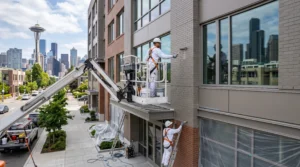 A professional painter in a lift on a commercial building façade, considering how factors like height influence commercial painting cost.