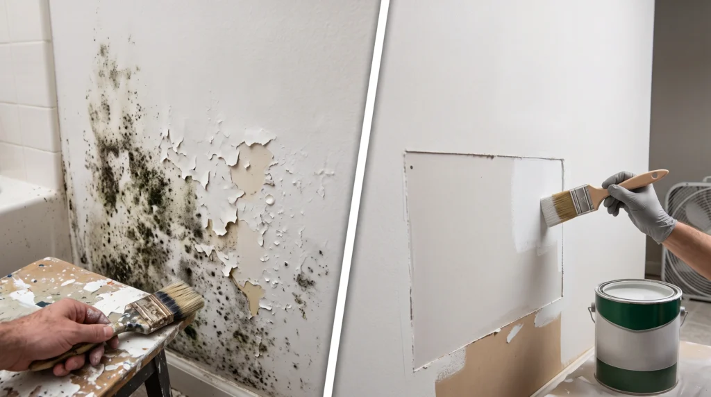 A split view showing moldy peeling drywall next to someone painting clean wallboard to show if can you paint over mold.