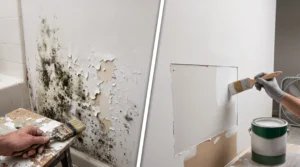 A split view showing moldy peeling drywall next to someone painting clean wallboard to show if can you paint over mold.
